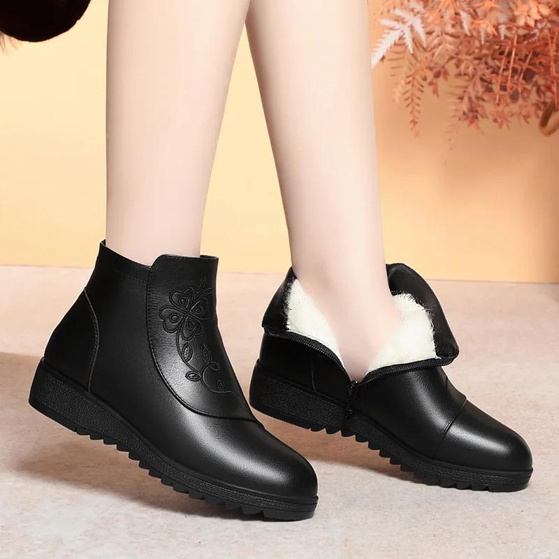 3.5 Fashion Med Heels Wedges Shoes Women Snow Boots Winter 2025 Floral Print Soft Leather Warm Fur Ankle Boots for Office Mom