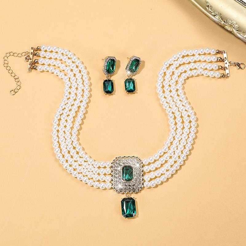 Multi-layer Bridal Anti-Pearl Earrings Necklace Geometric Crystal Full Diamond Necklace Set Choker Female