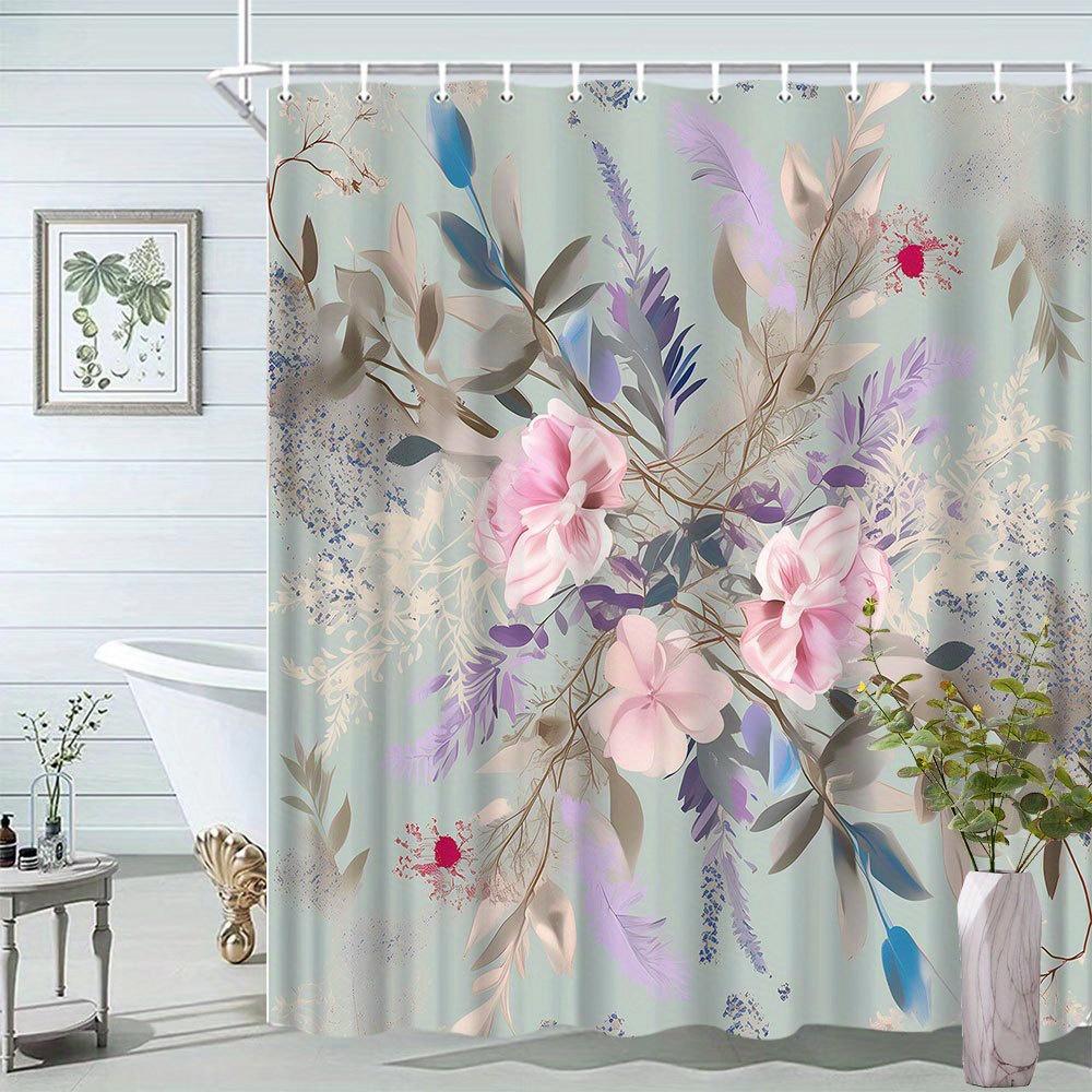 

1Pc Floral Pattern Shower Curtain Bathroom Decoration Polyester Fabric Contains 12 Hooks W60H190(CM)-1 Pcs