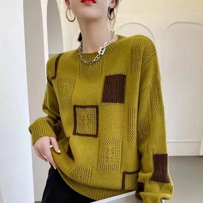 Vintage Women's Color-blocked Plaid Sweater Fall/winter Loose Crewneck Sweater Pullover Knit Top Jumper