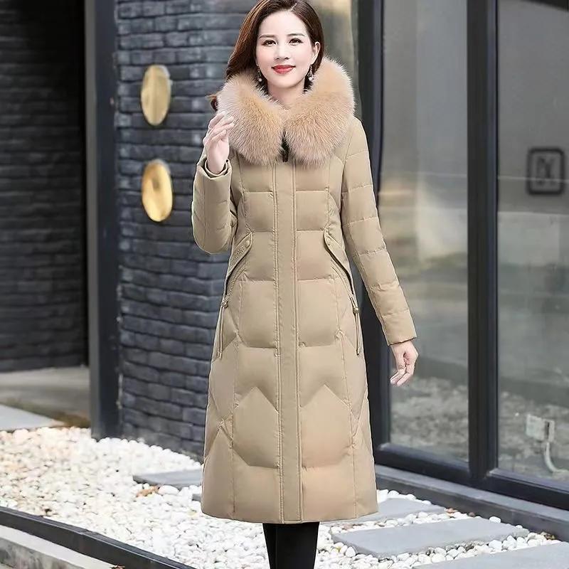 Women Winter Temperament Elegant Long Embroidered Warm Coat Solid Color Hooded Slim Jacket