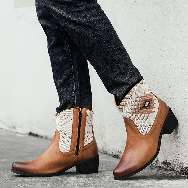 Fashion Fashion Men's Pointed Bohemia Patchwork Motorcycle Casual Ankle Boot Male Winter High Tops New Comfortable Leather Shoes