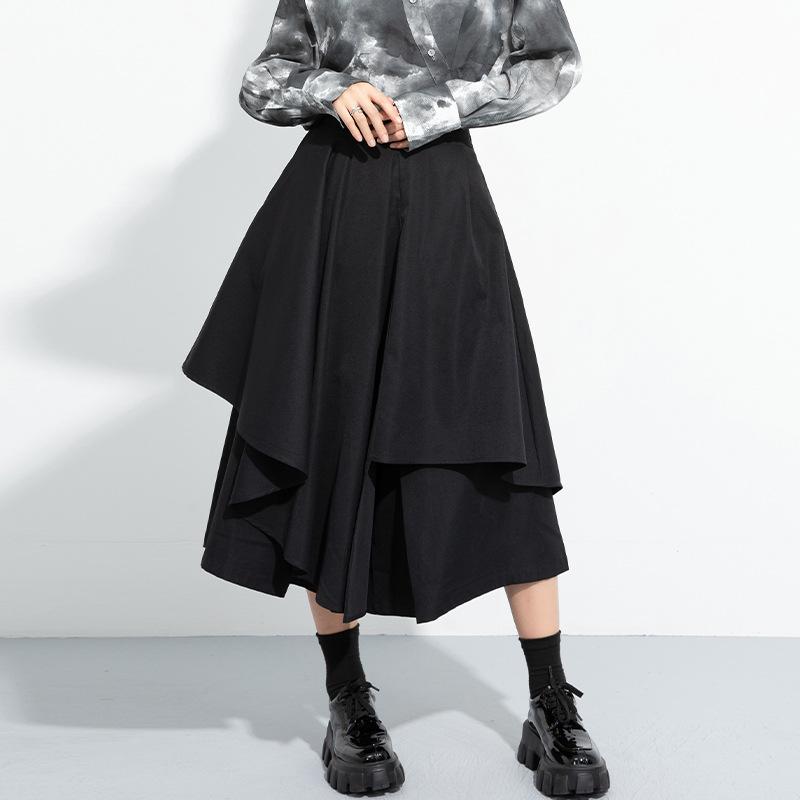 Women's Elastic Waist Skirt Pants Loose Fit Irregular Layered Culottes Solid Black Casual Wide Leg Trousers For Spring Daily Outfit