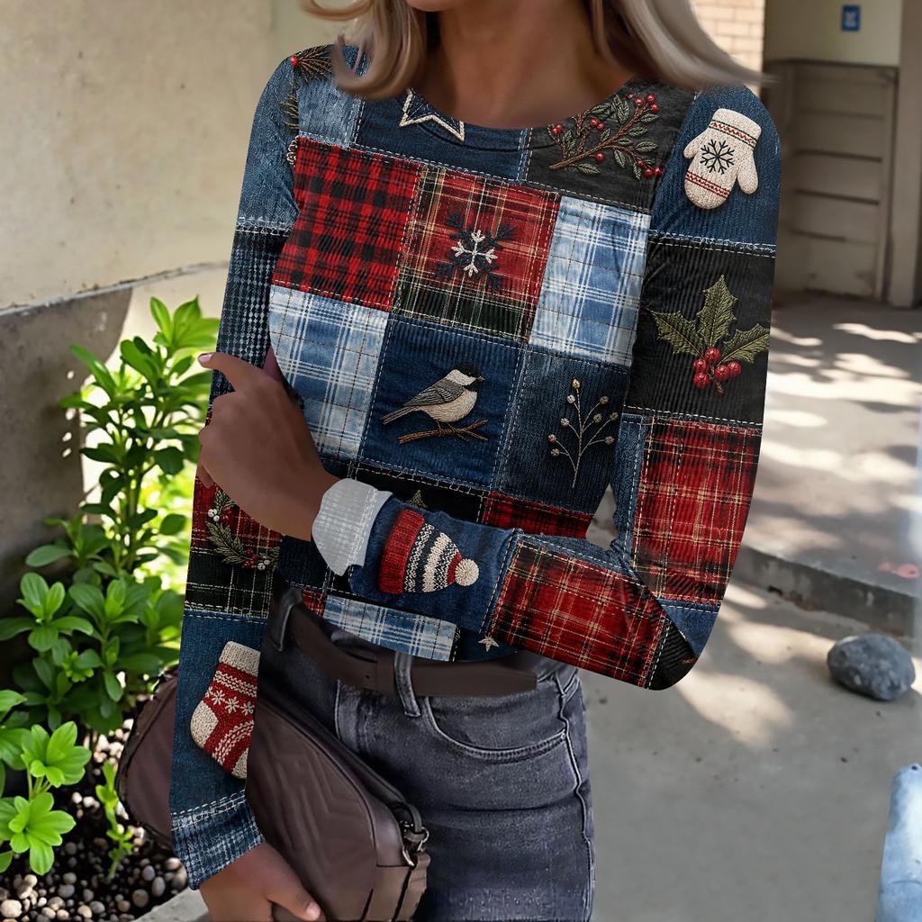 Women's Slim Fit Long Sleeve Base Layer T-Shirt with Christmas Print, Round Neck Pullover Top