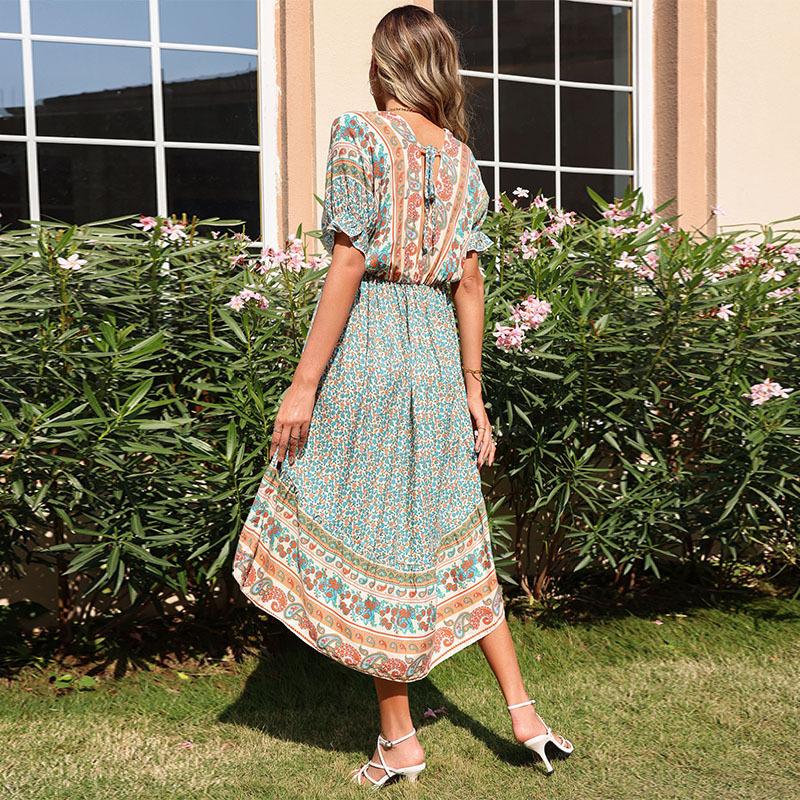 Summer ethnic style geometric floral print irregular green dress