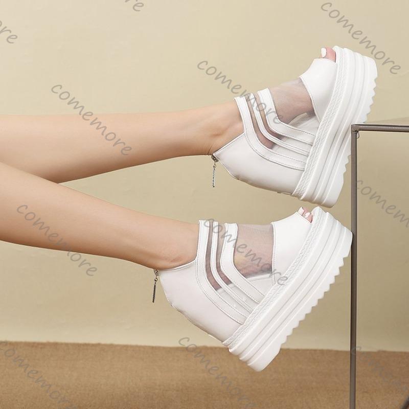 Fashion Comemore Fischmaul-Sandalen für Damen Weiß Schwarz Sommer Plateau Retro Mesh Atmungsaktiv Dicke Sohle Römisch Hoher Absatz Sandalen