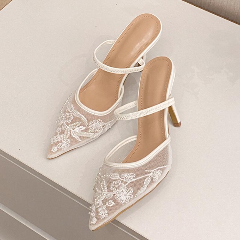 Fashion Eilyken Street Style Design Embroidery Mesh  Women Pumps Slippers Sexy Thin High Heels Pointed Toe Party Prom Shoes