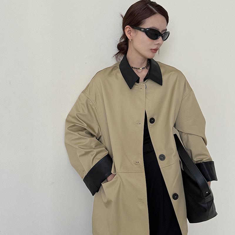 Lyocell Trench Coat Women's Early Autumn New Splicing Contrasting Color Loose Medium and Long Top