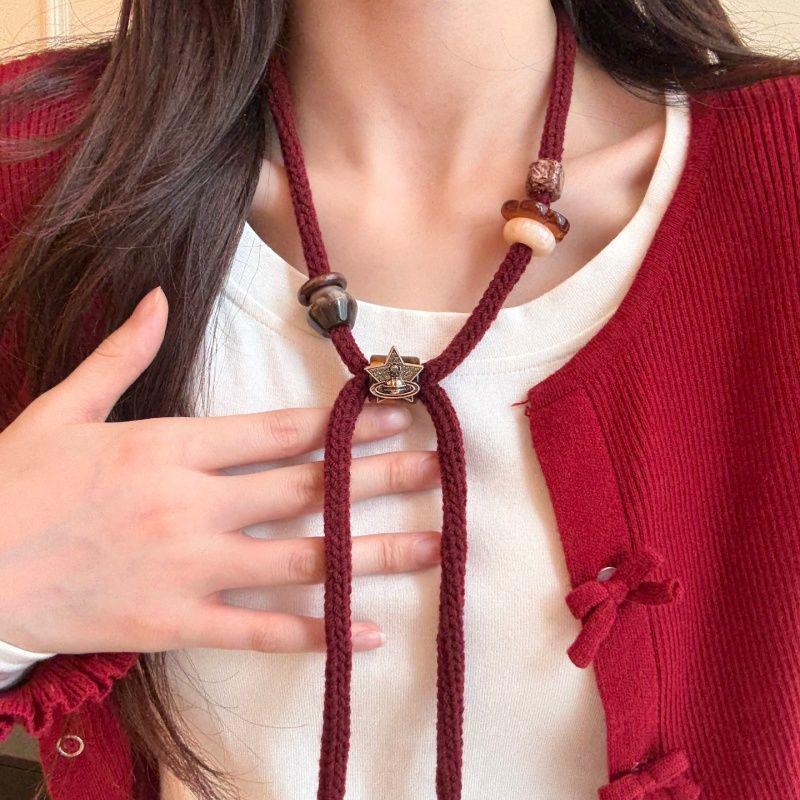 Rhinestone Star Pendant Necklace with Woolen Yarn and Wooden Beads - Women's Fashion Sweater Chain Jewelry