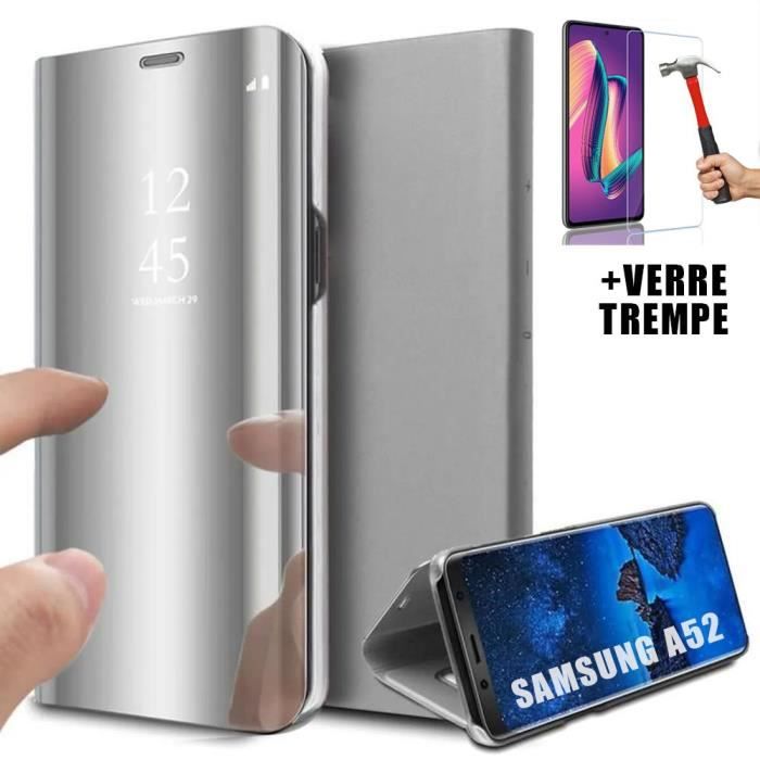 Coque pour Samsung A52 5G - PROSHOP - Effet Miroir - Fenêtre Translucide - Argenté - 2 Verres Trempés