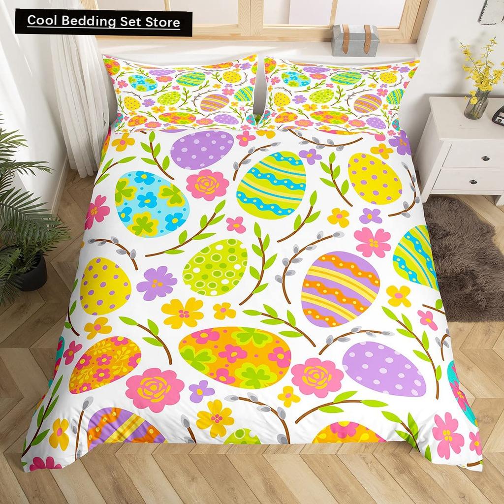 Watercolor Easter Eggs King Queen Bedding Set Happy Easter Themed Duvet Cover Toddlers Rainbow Easter Egg Polyester Quilt Cover