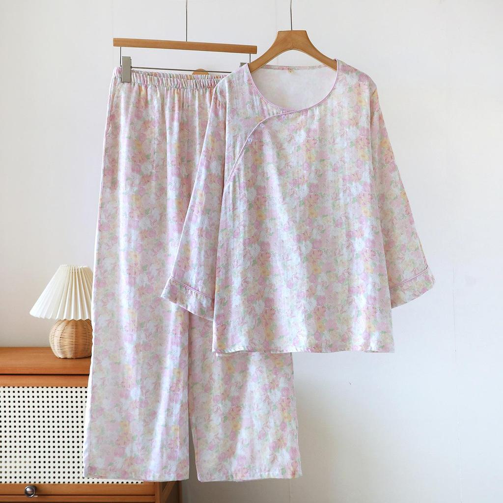 Damen Pyjama-Set aus reiner Baumwolle - Süßer chinesischer Stil, Langarm & Hose, mit Seitentaschen, Lockerer Schnitt für Frühling, Sommer und Herbst.