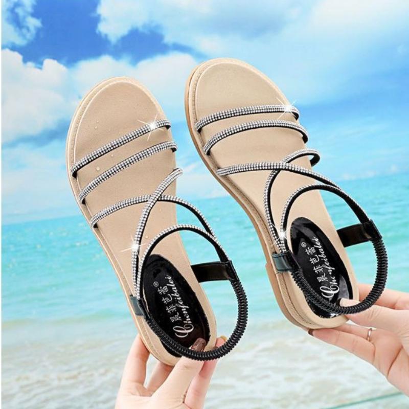 Woman Shoes Black Roman Style Open Toe Sandals for Women Diamond Flat Rubber 2025 Trending Original Vip Sales Designer Luxury