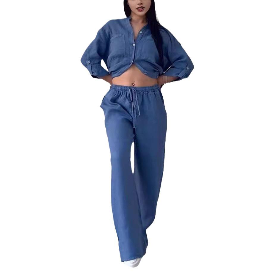 Casual Cotton Linen Shirt & Drawstring Wide-Leg Pants Set
