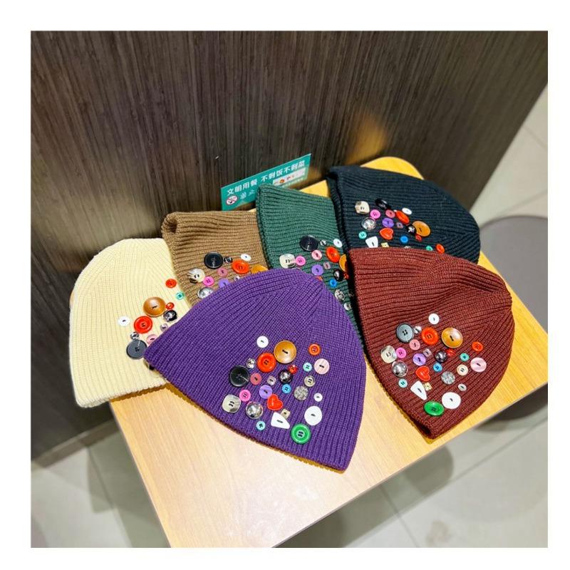 Korean Style Button Knit Beanie For Women Autumn Winter
