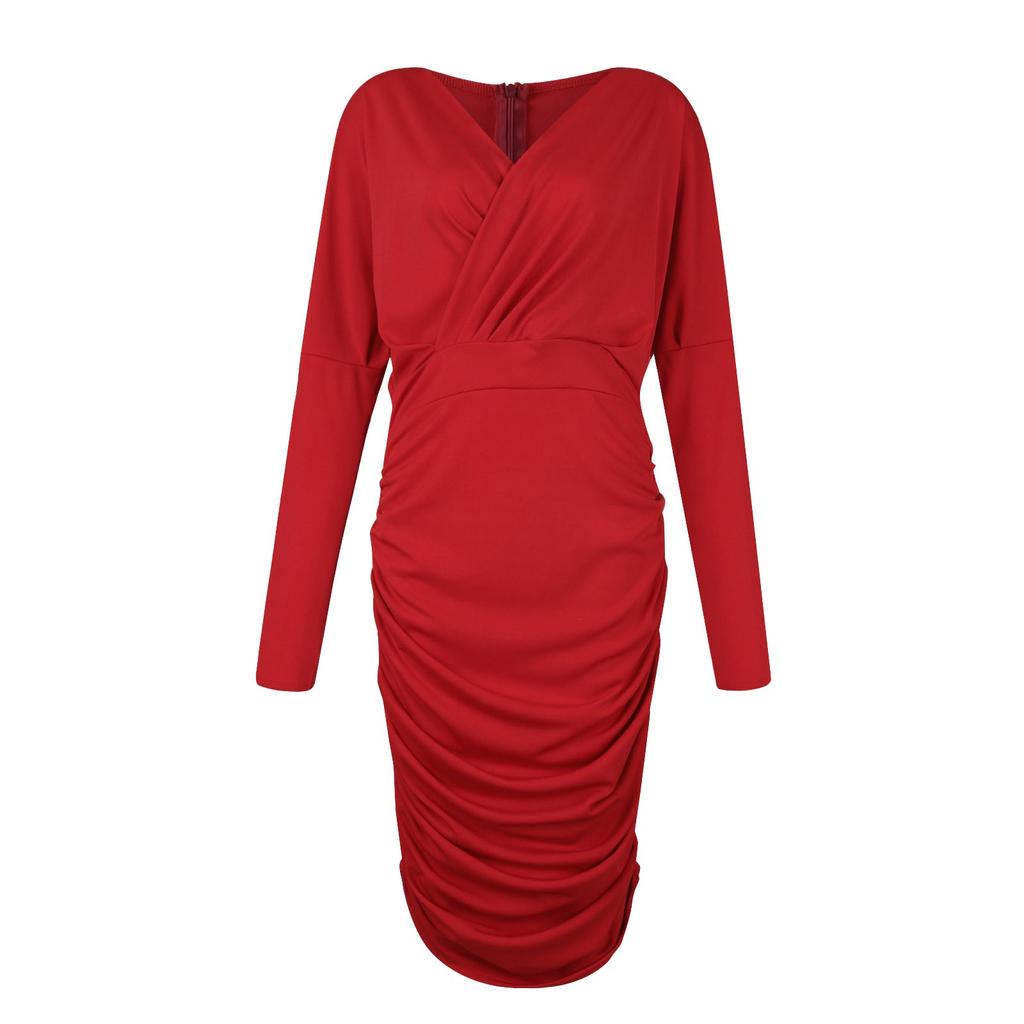 Women's Color Long Sleeve V-Neck Zipper Sexy Dress Waist Tight Dress