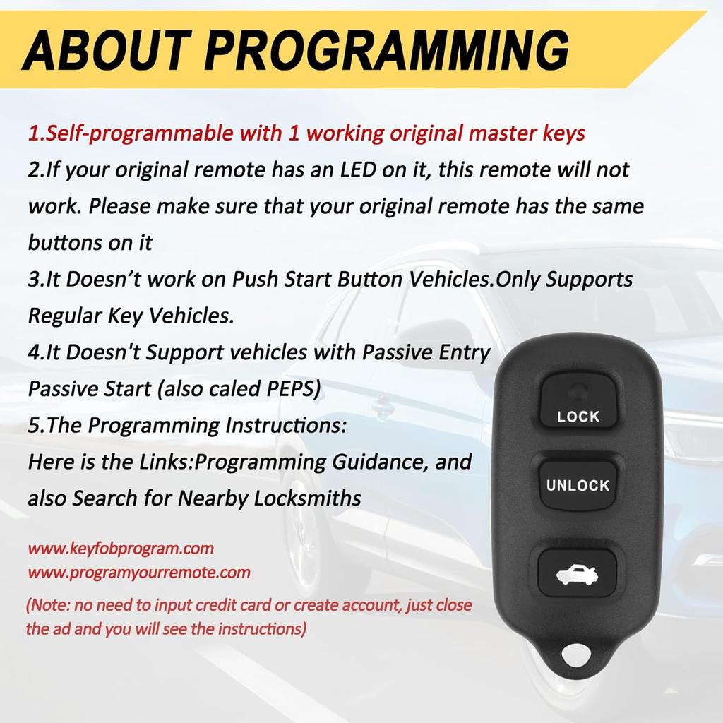 Key Fob Replacement for 2002-2006 Toyota Camry/ 03-08 Matrix/ 99-03 Sienna/ 02-03 Solara/ 03-08 Pontiac Vibe Car Keyless Entry Remote