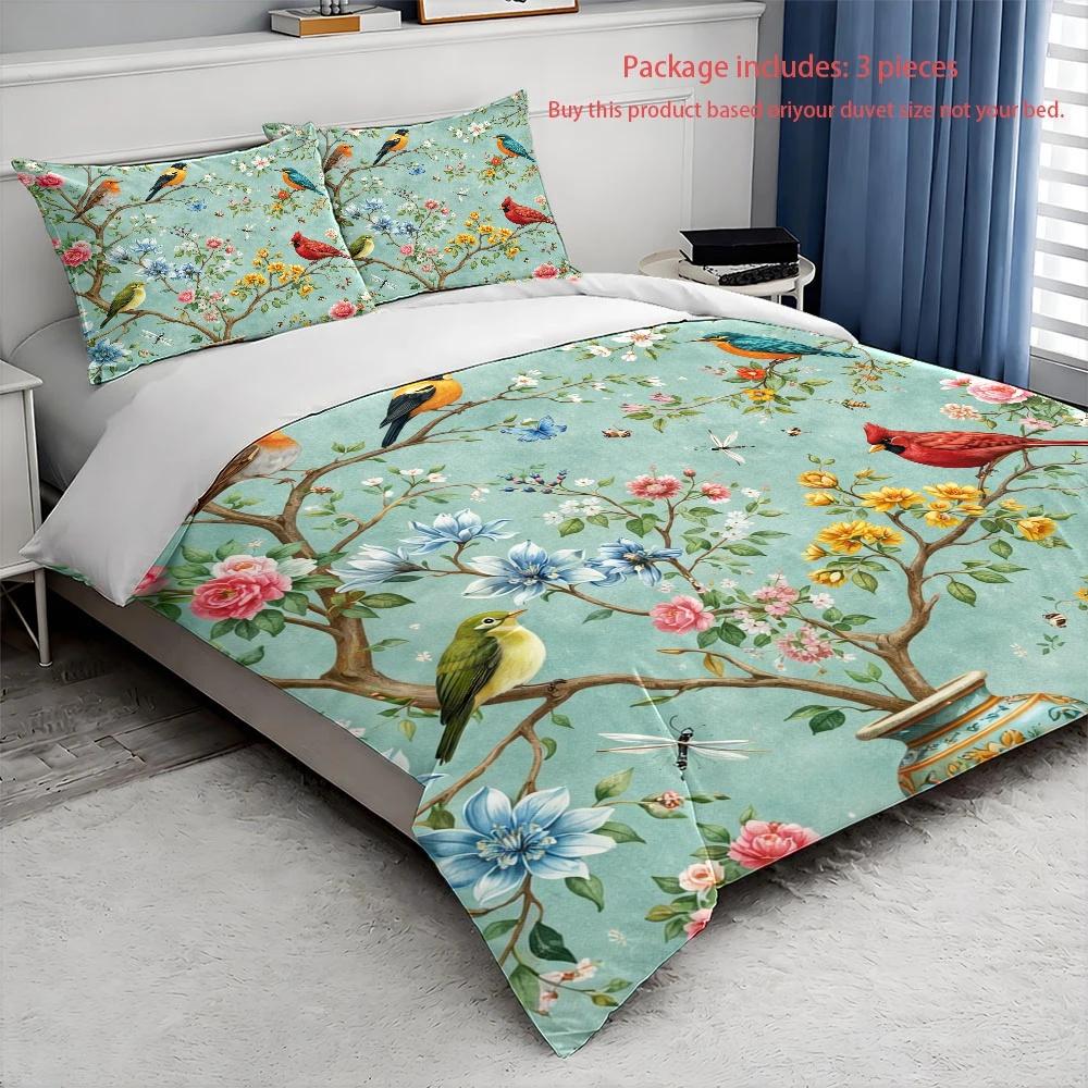 3Pc European Style Floral Bird Duvet Cover Set Double Bed - Machine Washable Invisible Zipper Bedding with 2 Pillowcases, Vintage