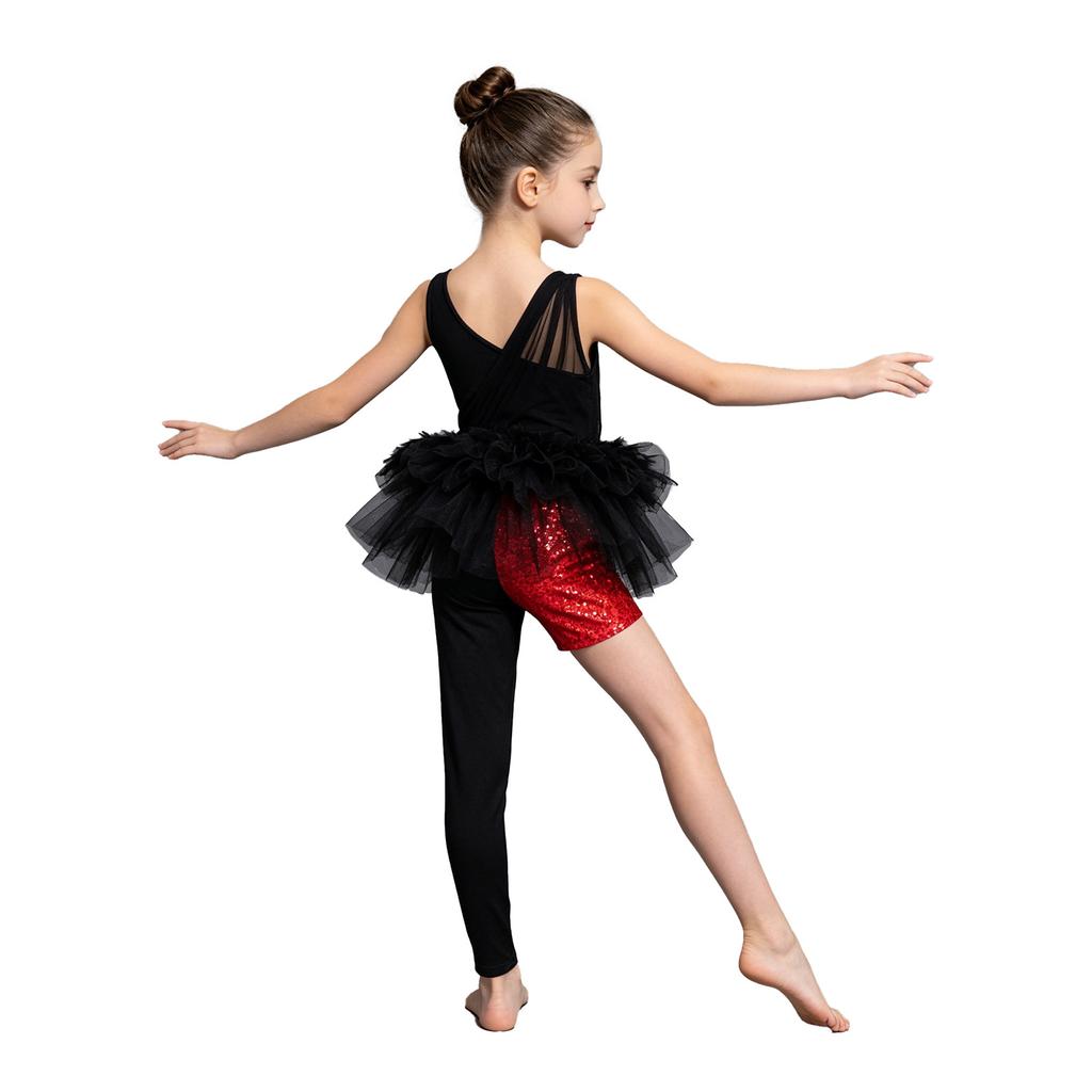 Girls Sparkling Sequins Asymmetrical Color Block Dance Jumpsuit Leotard with Feather Tulle Skirt Bodysuit for Performance Competition