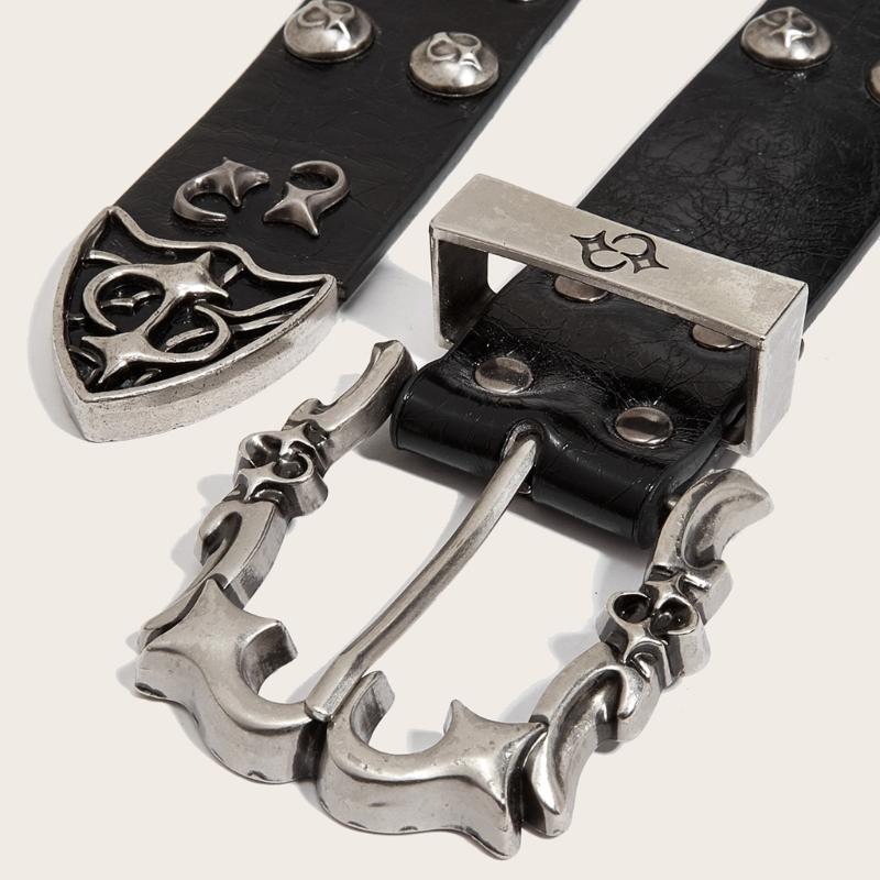 Gothic Studded Belt for Women Slightly Adjustable Clasp Double Row Hole Nonslip Design PU Leather Waistband