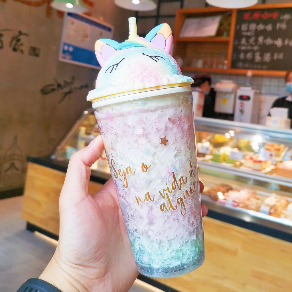 Carina Borraccia Unicorno Borraccia in Plastica con Cannuccia Stile Coreano Carina Estiva Fresca Tazza Ghiacciata per Latte Caffè Tazza da Tè