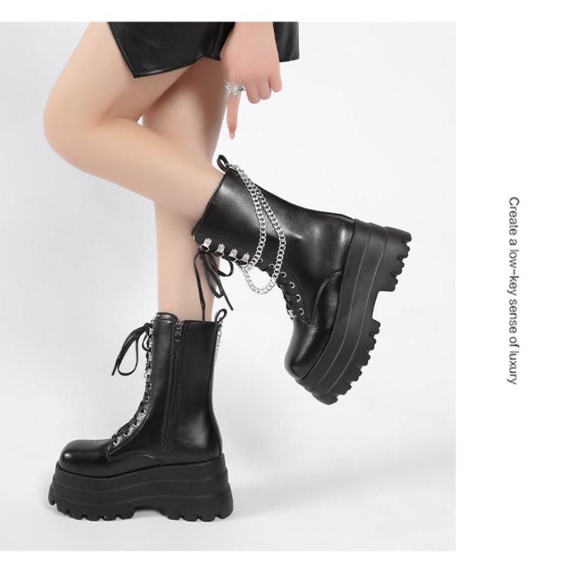 Damen 9cm Gothic Plateau Chelsea Boots Mid Calf Lederstiefel Britischer Stil Klobiger Absatz Einfarbig Größe 35-42 Weite Passform Schuhe