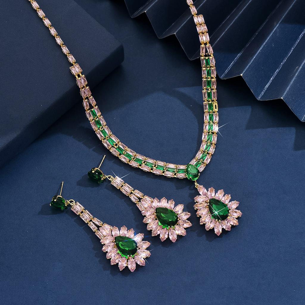 3PC Women's Fashion Zircon Water Drop Necklace Earrings Zircon Set High End Wedding Party Festival Gift-8559