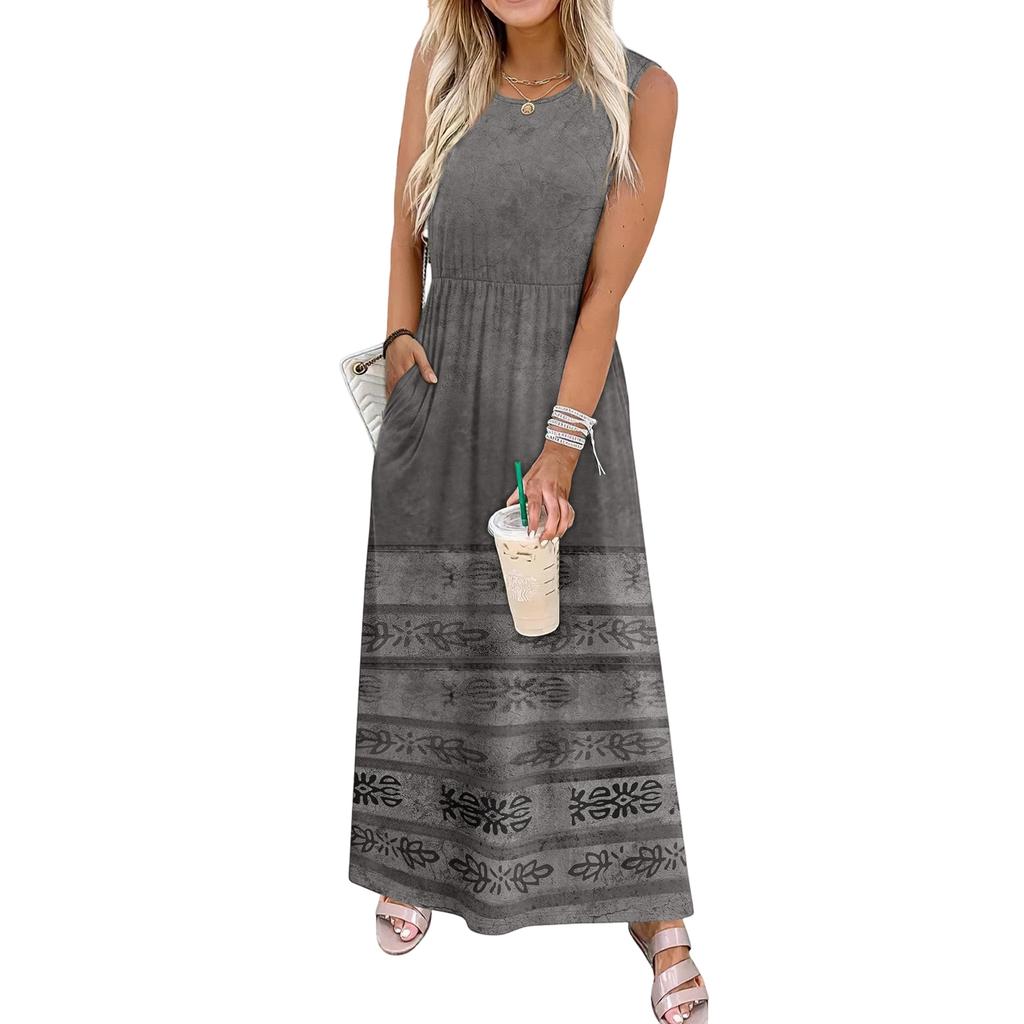 Ladies' Floral Print Casual And Fashionable Waist Cinched Sleeveless Dress