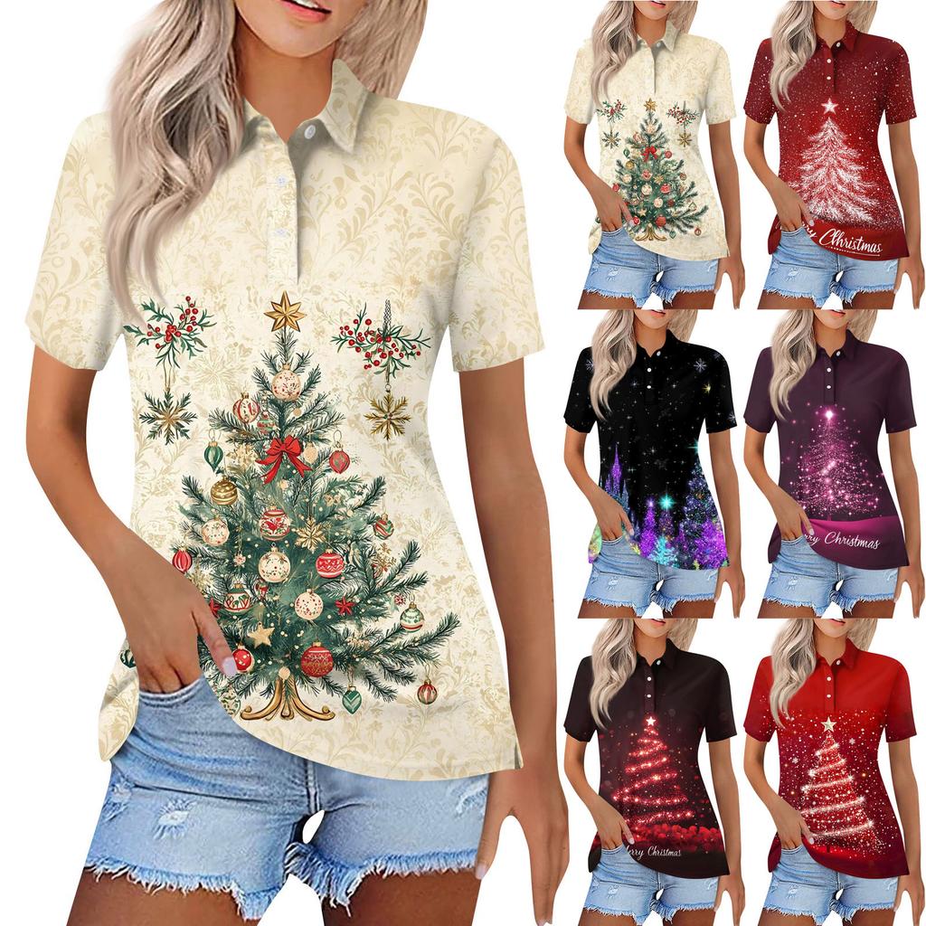 Dame Mote Casual Revers Kortermet Juleprint Skjorte Dame Kneppet Topper
