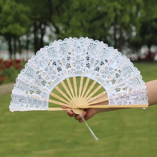 Vintage Style Folding Fan with Lace Trim And Tassel Pendant Elegant Fabric And Bamboo Handheld Fan Hollowed Hand Fan for Wedding Party Home Decor