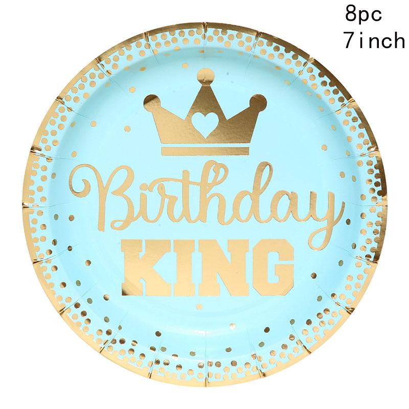 Blue Gold Boy One Year Birthday Disposable Tableware King Crown Plates Paper Cups 1st Baby Boy First Happy Birthday Party Decor