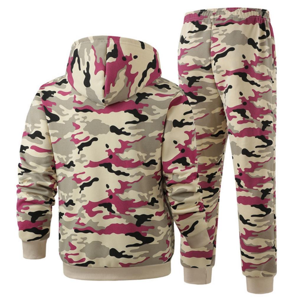 Completo Outdoor da Uomo 2 Pezzi con Stampa Mimetica, Giacca con Cappuccio e Zip e Pantaloni Jogger a Vita Elastica