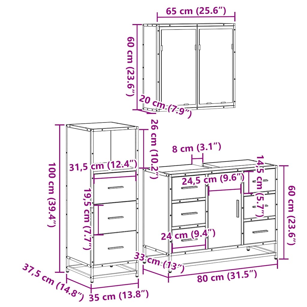 3 Piece Bathroom Furniture Set Smoked Oak Wood Based Material