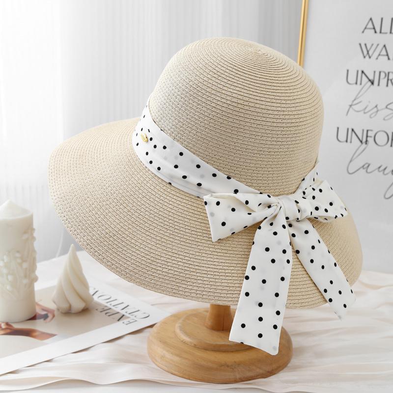 Fashionable Summer Bow Ribbon Hat with Metal Women's Sunhat Wide Brimmed Sunshade