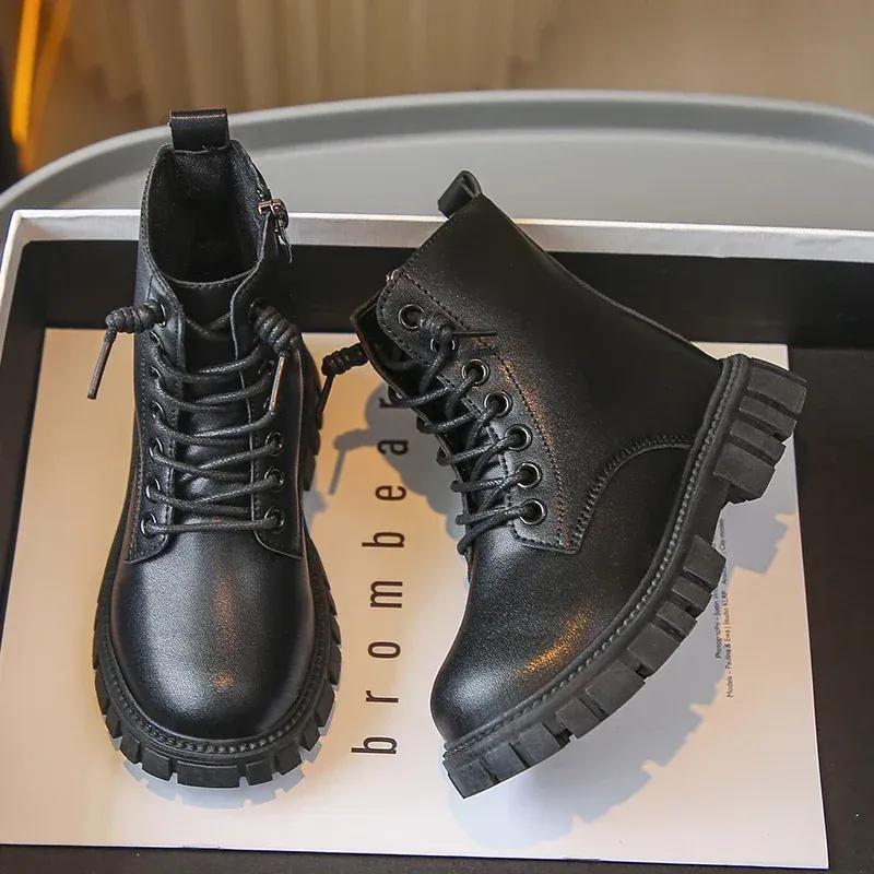 Spring Autumn Girls Ankle Boots Fashion School Kids Leather Boots Thick Bottom Non-slip Children's Platform Causal Boots Black