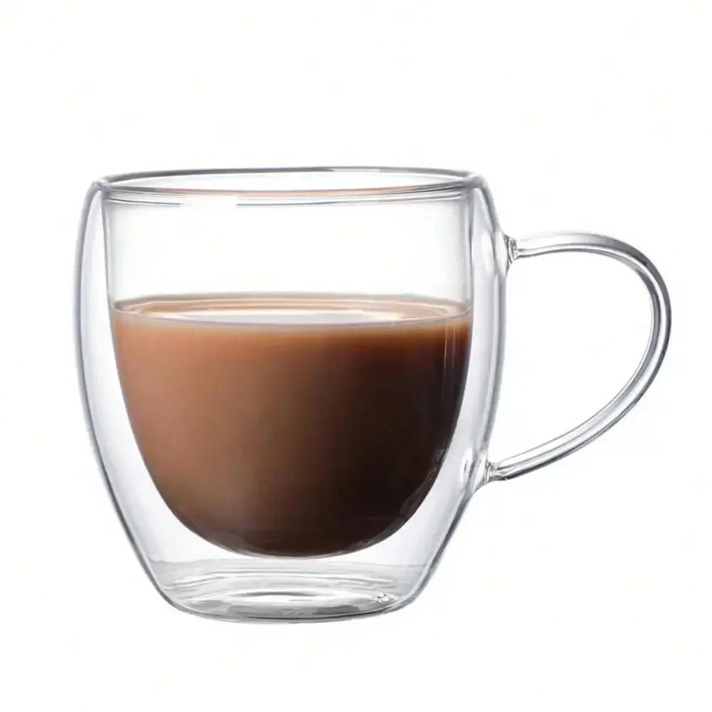 

1/2/4pcs 250ml Coffee Cup with Handle Double Wall Glass Cup Reusable Breakfast Milk Juice Cup Easy to Clean for Home Office 250ml