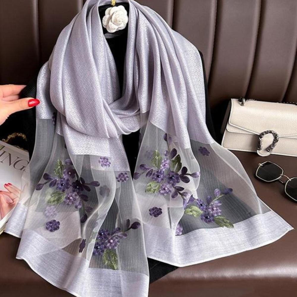 Elegant Floral Embroidered Silk Scarf For Women, Stylish Sunscreen Beach Shawl With Beaded Trim, Bohemian Windproof Must-Have