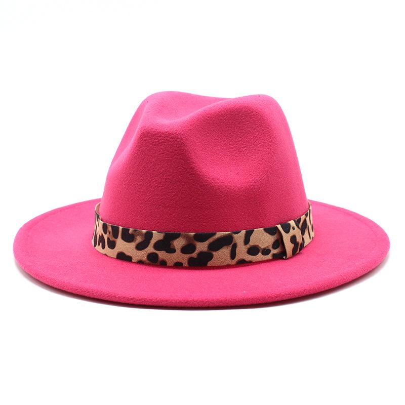 Woolen Top Hat Leopard Print Solid Color Hat Women'S Flat-Brimmed Big-Brimmed Jazz Hat 22 Colors
