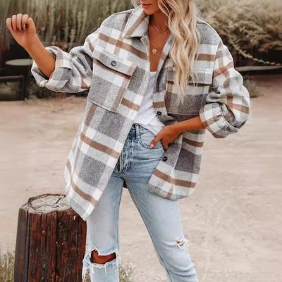 Autumn and Winter European and American Women's Clothing Autumn and Winter Long Sleeves, Lapel Loose Plaid Woolen Coat
