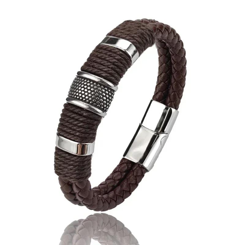 Luxury Vintage Brown PU Leather Men Bracelet Stainless Steel Jewelry Male Wrist Bangle Gift for Him