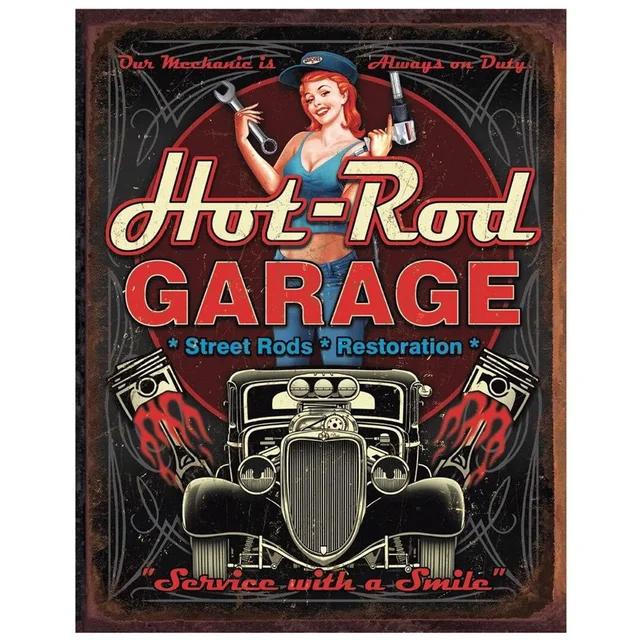Vintage Pinup Girl Hot Street Rods Garage Full Service Route Auto Mechanics Metal Tin Sign for Rural Wall Decor Retro Poste