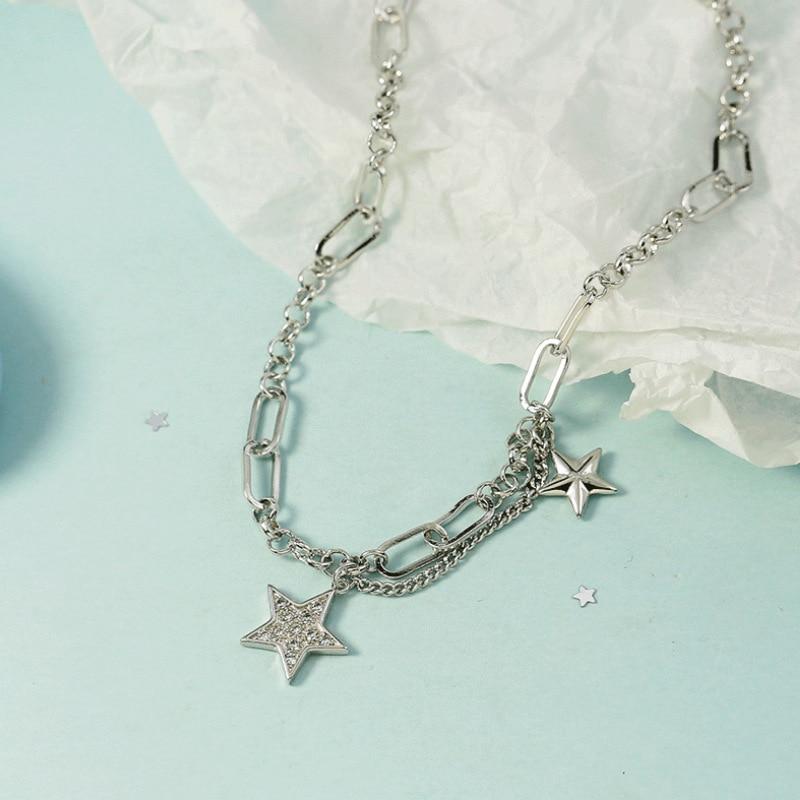 Hiphop Sterling Silver Color Crystalline Tassel Women Star Charm Necklaces Pendants Bridal Party Event Wedding Occasion Jewelry Chokers