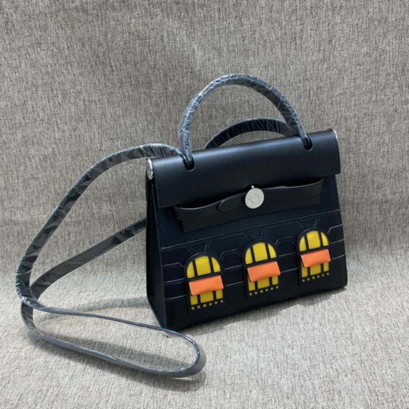 Goat pattern with Swift leather splicing contrasting color small house herbag (M06-22) 22*8*19cm чёрный