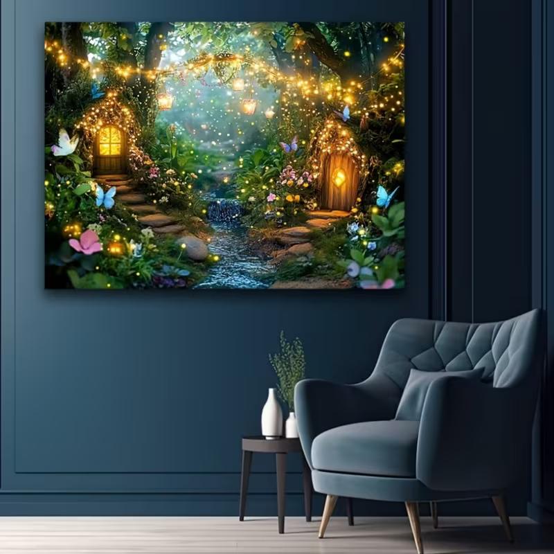 2D Fantasy Fairy Forest Tapestry Glowing Lights & Butterflies Home Decor