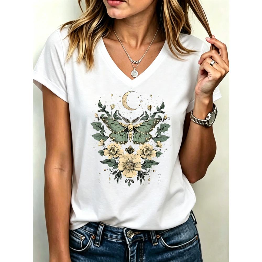 V-Neck Women's Casual Short Sleeve V Neck T-Shirt Graphic Butterfly Floral Print with Moon Stars Spring Summer Top Clothing