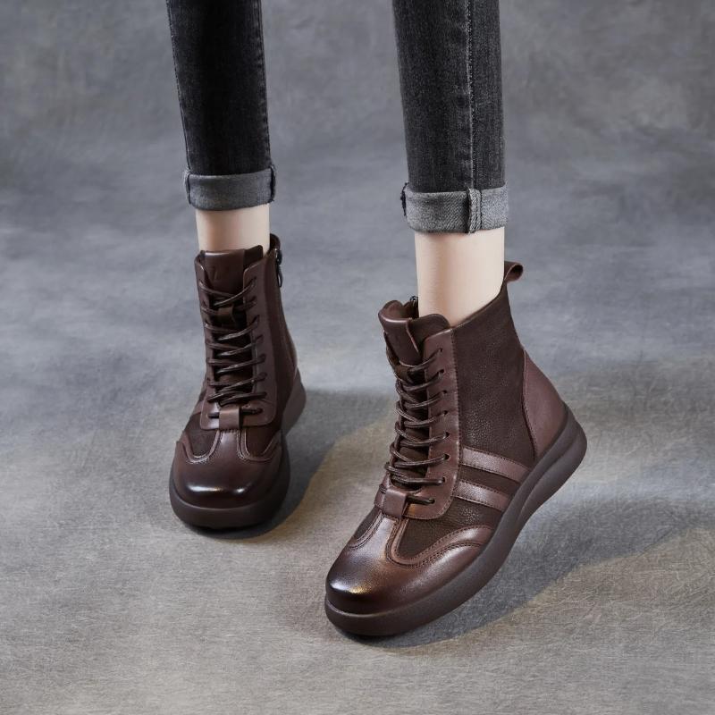 Johnature Genuine Leather Women's Boots Casual Versatile Round Toe Soft Soled Short Boots