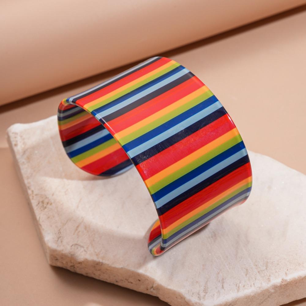 Bohemian Striped Acrylic Bangle Geometric Smudged Hand Ring Unique Open Wide Bracelet  Girls