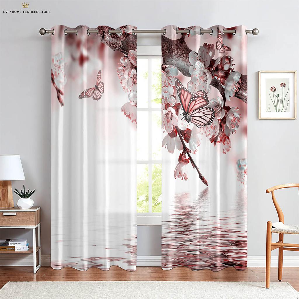 3D Printing Polyester Decorative Curtain, Floral Butterfly On Water, Machine Washable, Bedroom, Living Room, Kitchen, 2Pcs