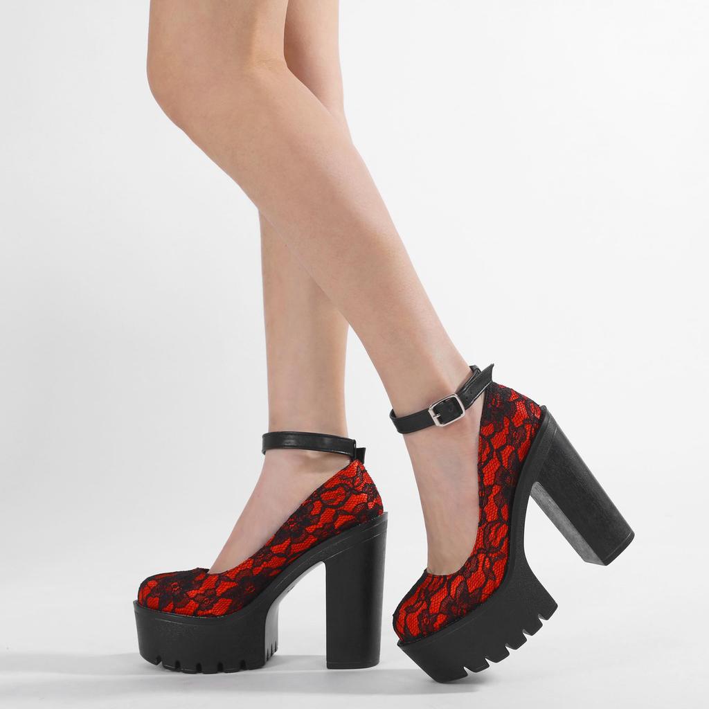 Gdgydh Red Wedding Mary Janes Women Shoes with Lace Aankle Strap Waterproof Platform Pumps High-Heeled Shoes Round Toe