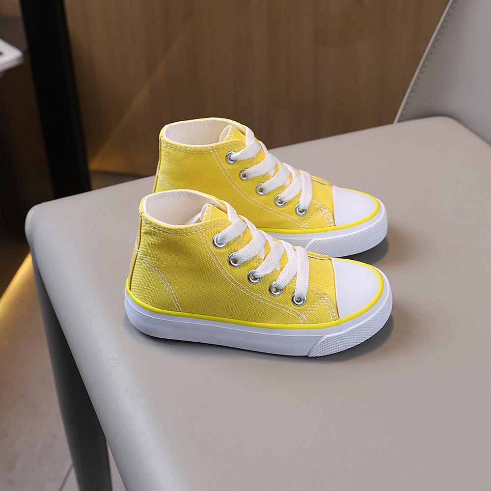 COMFY KIDS Bright Yellow Vibrant Mid Top Canvas Shoes Breathable Fabric Lace-Up All-Season Wear Outdoor Casual School Shoes